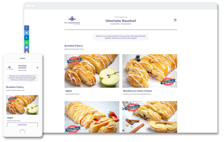 Online store image on computer and phone screen with butter braid pastry images